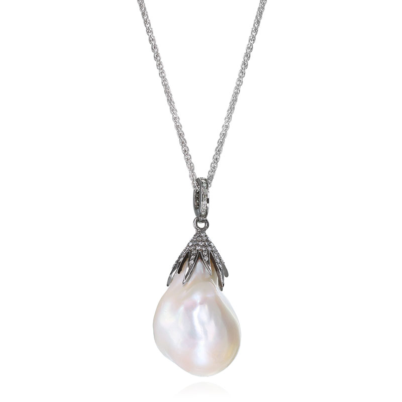 white diamond capped baroque pearl on sterling silver necklace