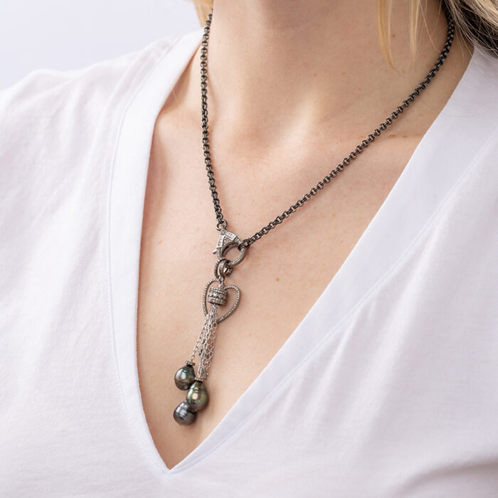 Scale image open diamond heart and signature Tahitian pearl drop