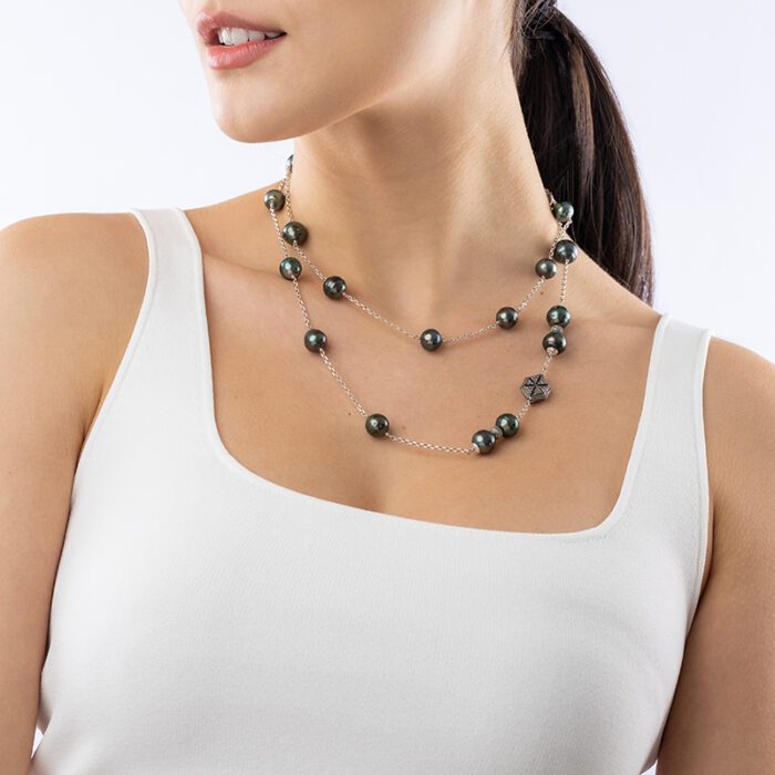 Scale image of Tahitian Pearl and Diamond Station Chain Necklace shown doubled around neck 1