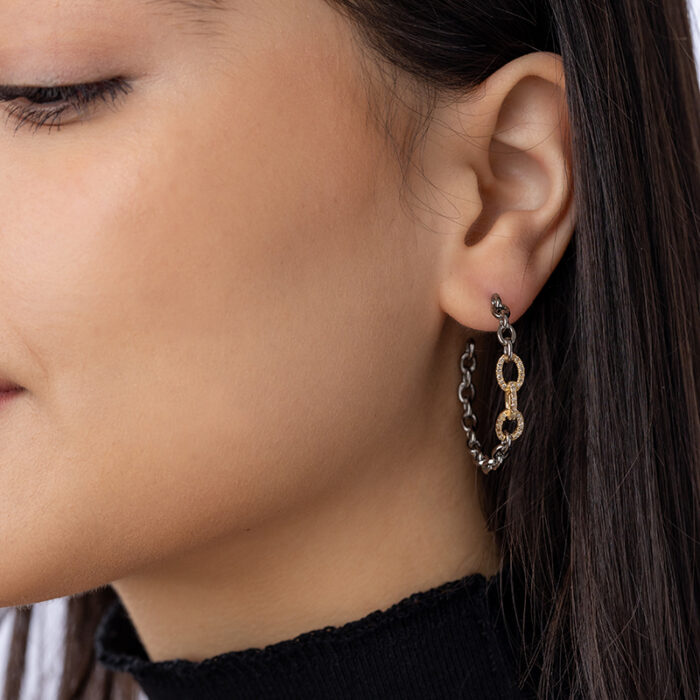 Scale image of Diamond, Gold and Sterling Silver Hoop Earrings