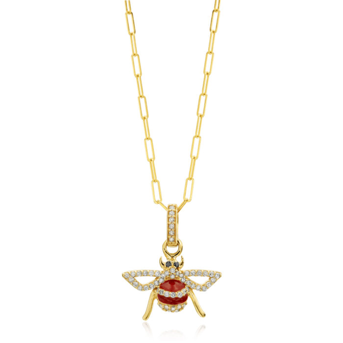 14k Gold Diamond and Red Enamel Bee Charm on Gold Chain Necklace