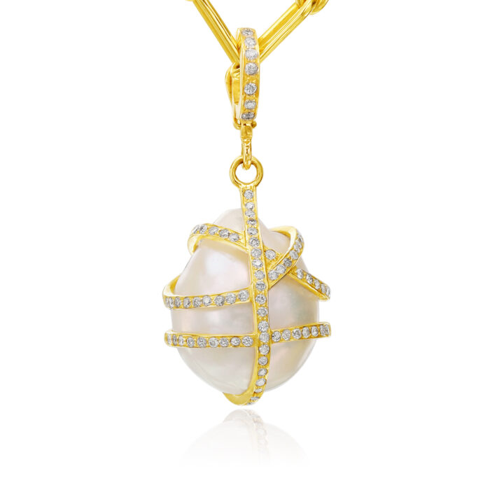 14k Gold and Pave Diamond Wrapped Pearl Pendant