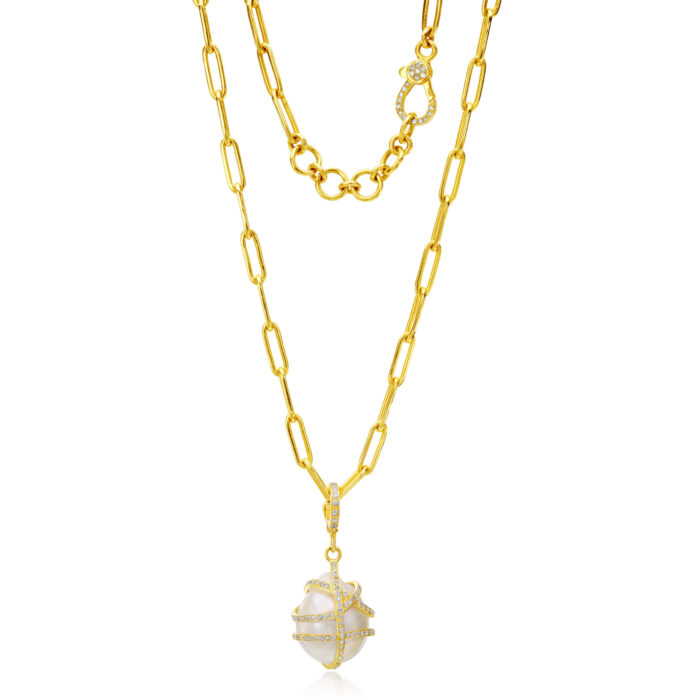 14k Gold and Pave Diamond Wrapped Pearl Pendant on gold chain