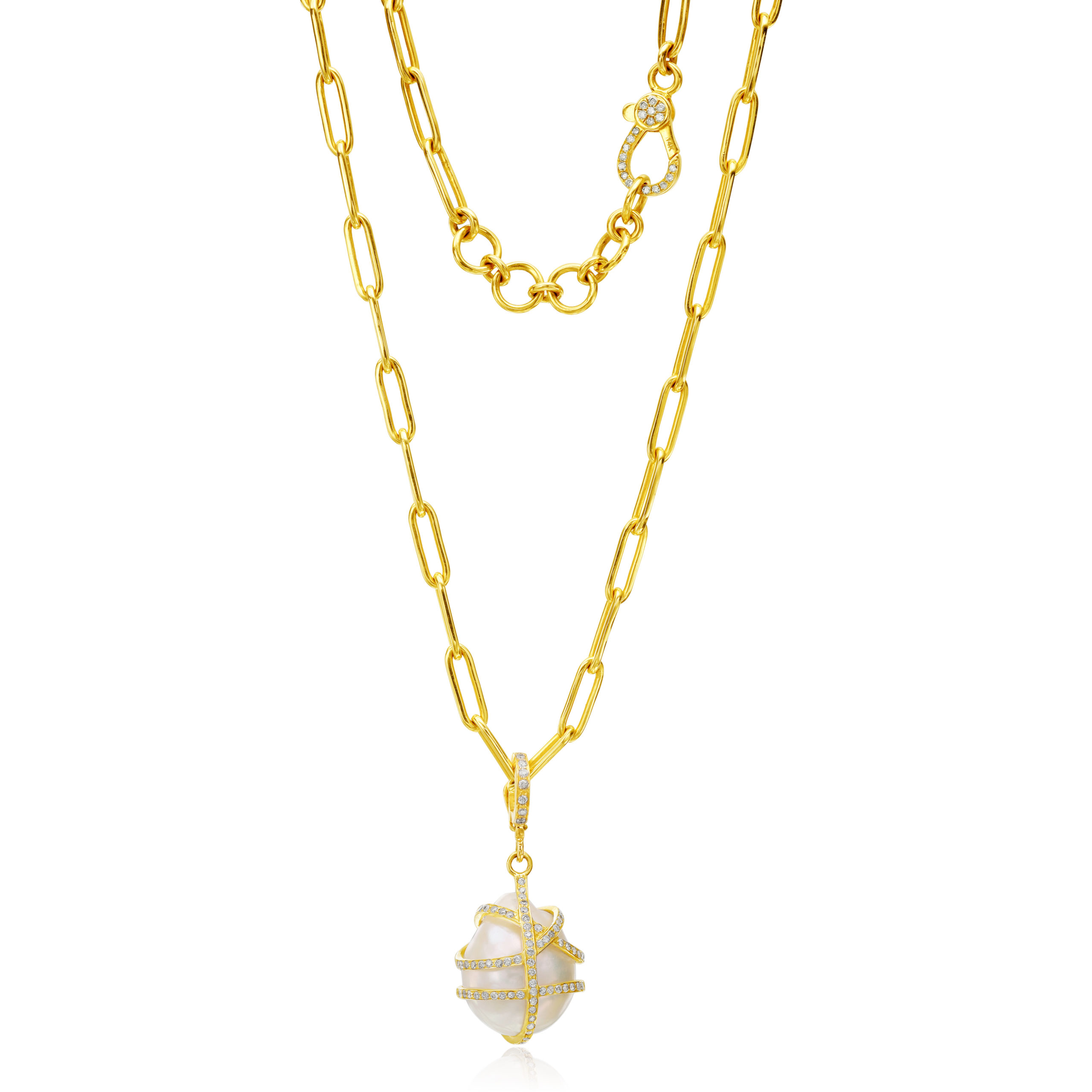 14k Solid Yellow Gold Wraps Around the Baroque Biwa Pearl 1 Diamond Pendant TPJ 