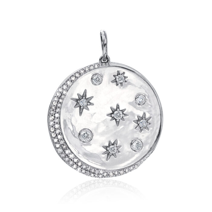 Diamond and sterling silver moon and stars pendant