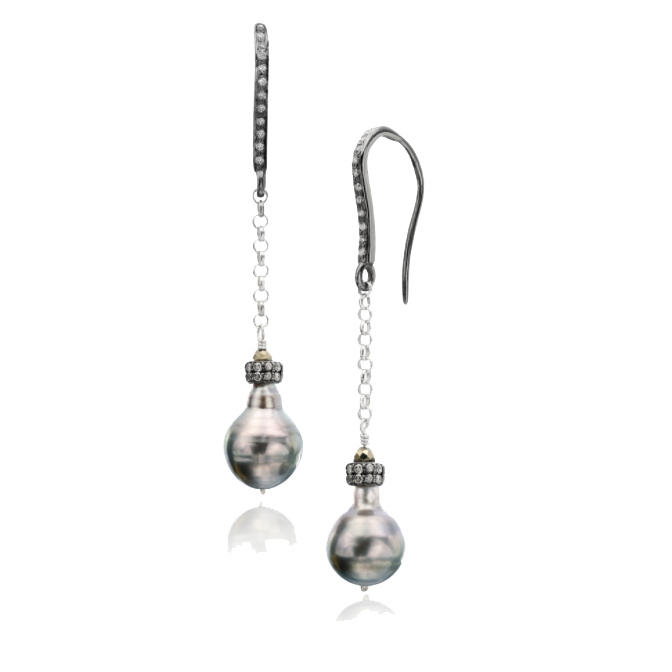 Diamond and french wire earrings with Tahitian pearl