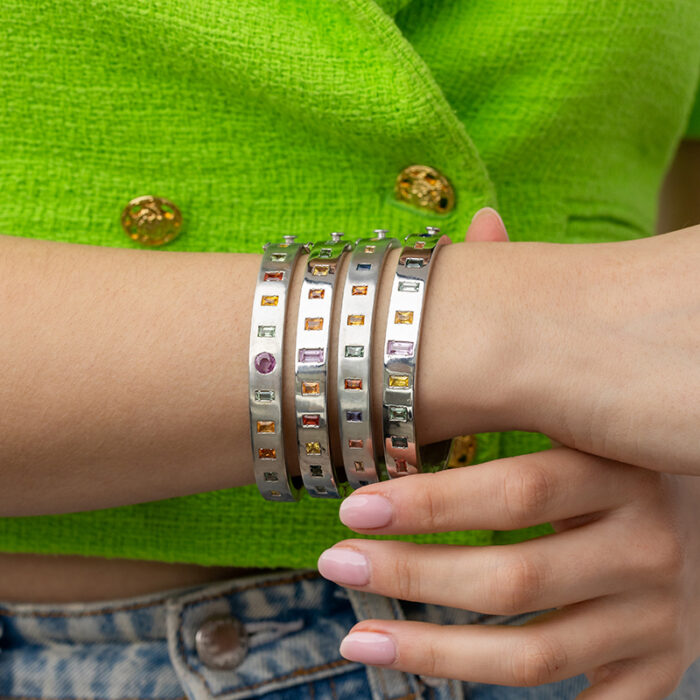 Scale image of Sterling Silver Bangle with Multi Colored Sapphire Baguettes