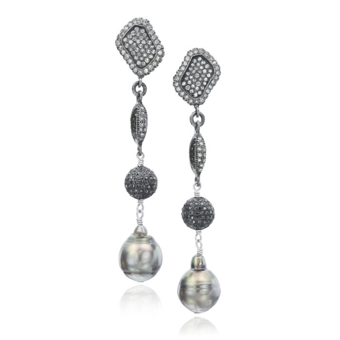 Diamond Post Drop Earrings with Black Diamonds and Tahitian Pearls