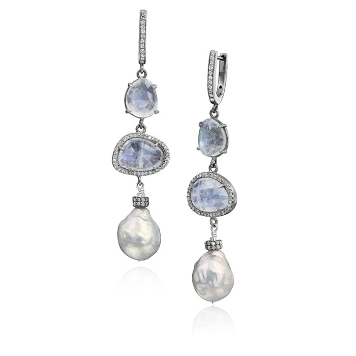 Diamond Rimmed Moonstone Drop Earrings with diamond Rondelles and Grey Cultured Baroque Pearls