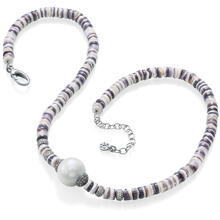 Spiny oyster shell necklace with diamond donuts and a diamond-capped white cultured pearl