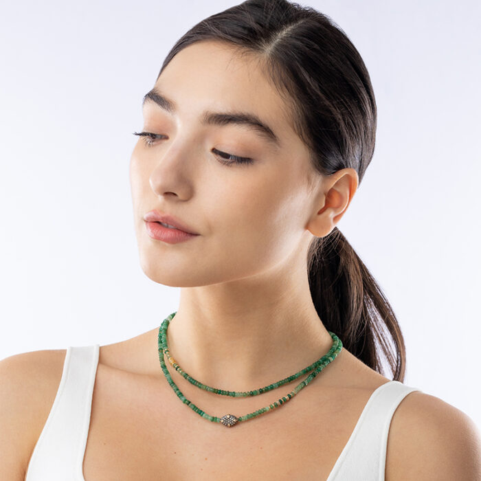 Scale image of Emerald Bead, Diamond, Sterling Silver and Gold Necklace