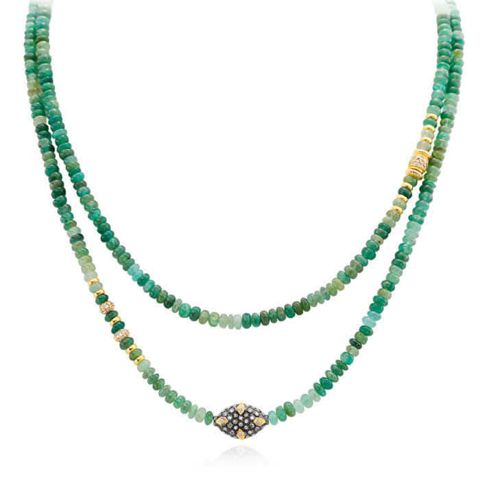 Two-strand emerald necklace with pave diamonds, 14k gold and sterling beads and rondelles