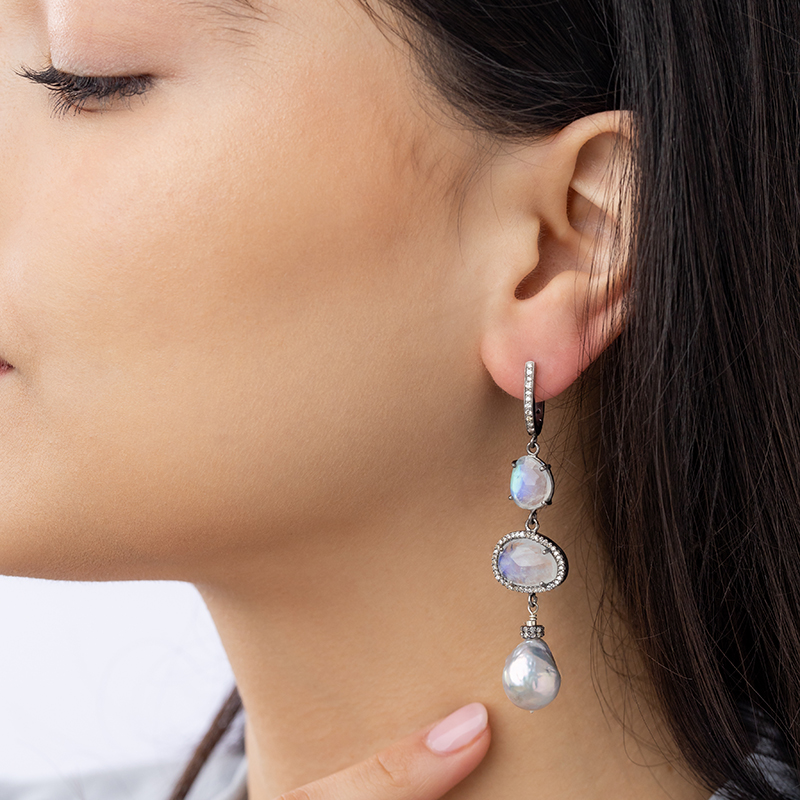 Model wearingTandem Diamond, Moonstone and Grey Pearl Drop Earrings