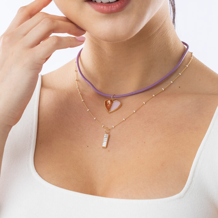 Scale image of Lilac Choker with Gold Pink Opal pendant and White Enamal Chain with Mother Of Pearl Pendant