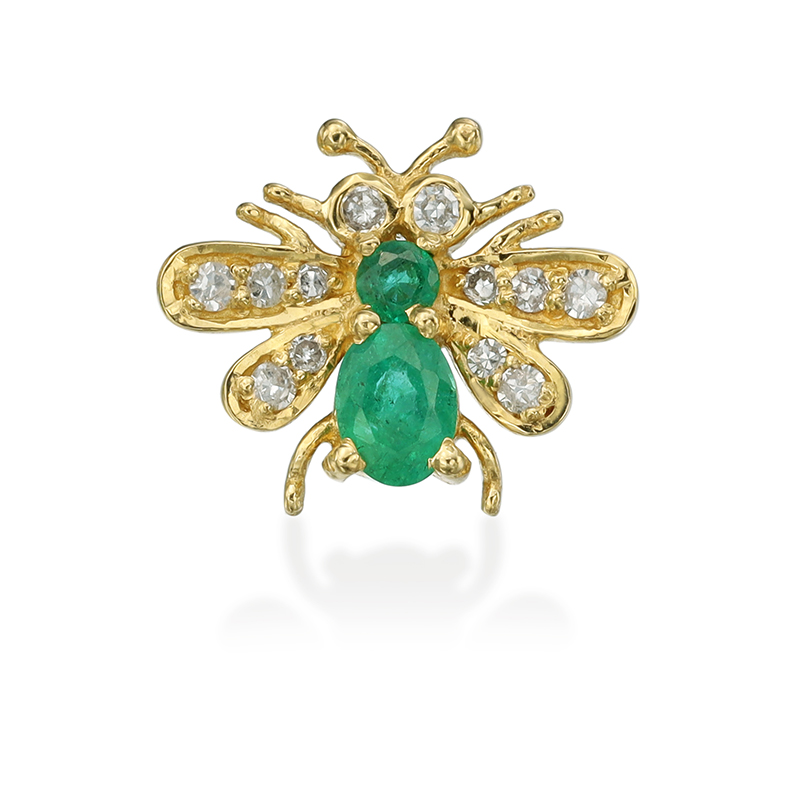 Single diamond emerald and gold bee earring