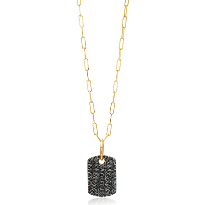 Black diamond dog tag on gold paperclip chain