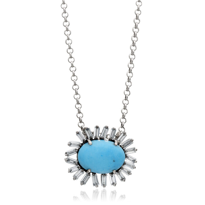 Turquoise and diamond baguette necklace