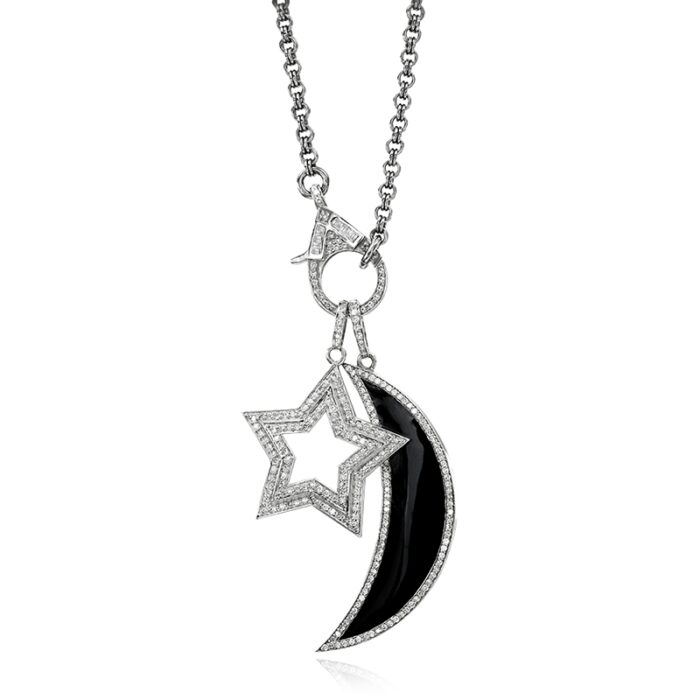 Black enamel crescent and diamond star pendant