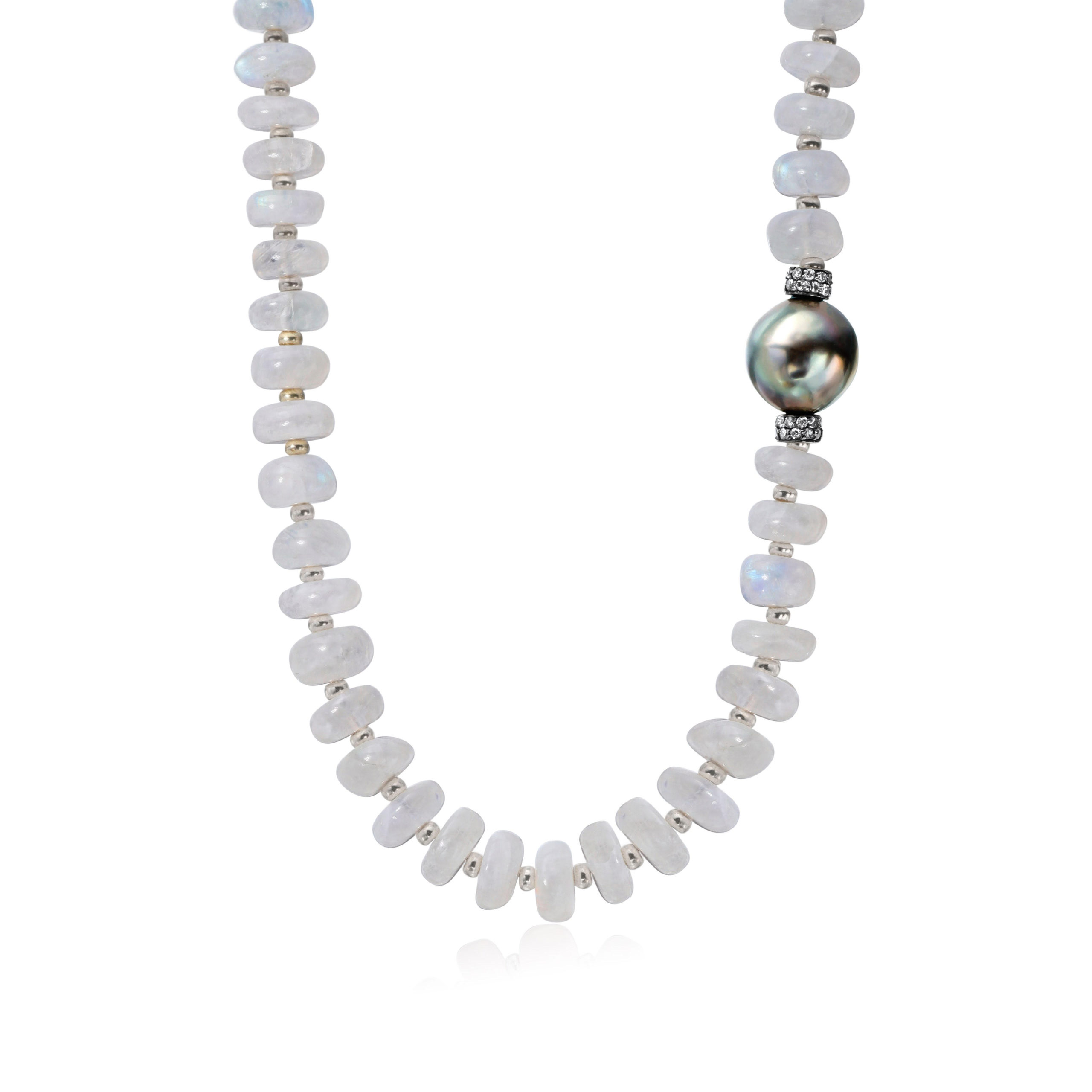 Moonstone necklace with diamond rondells and Tahitian pearl