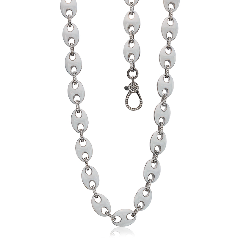 Diamond and white enamel link necklace set in sterling silver with a diamond clasp